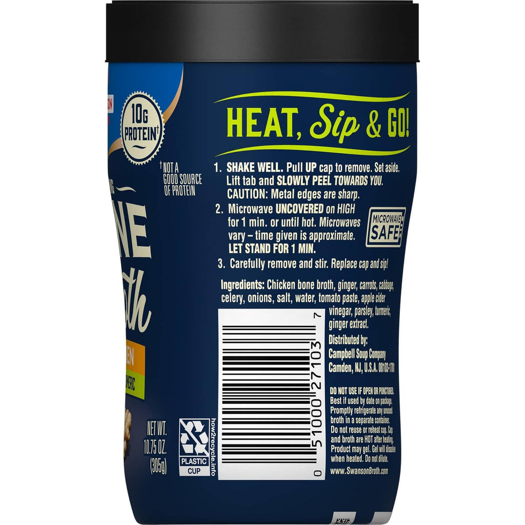 Swanson bone broth back panel with heat, sip & go instructions and barcode