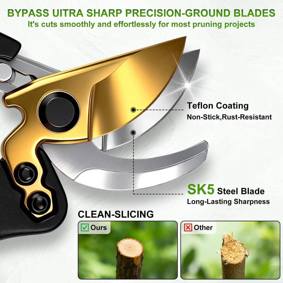 Bypass pruning shears close-up of gold coated blade and silver cutting edge