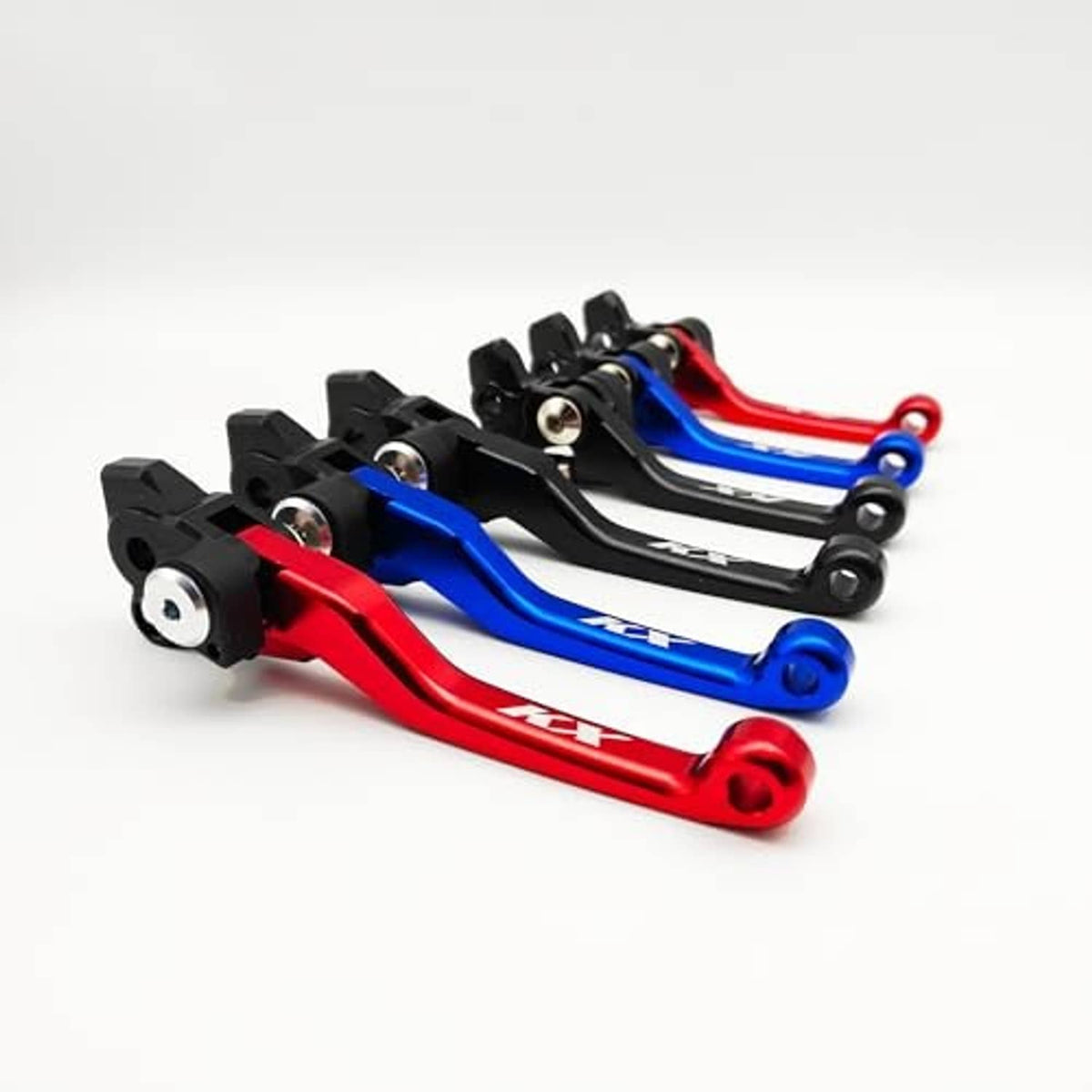 Motorcycle brake and clutch lever set in red, blue, and black with hardware