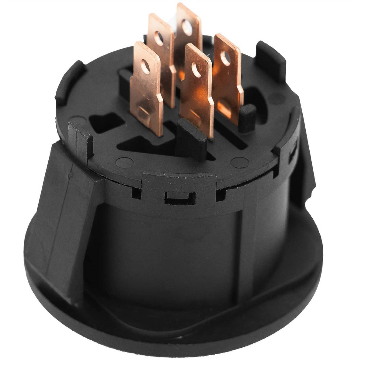 Ignition switch with multiple copper blade terminals and black plastic top, 5 terminals