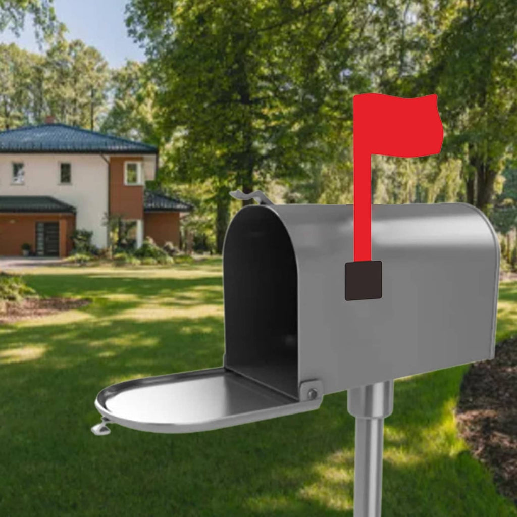 Red mailbox replacement flag on gray mailbox with open front tray
