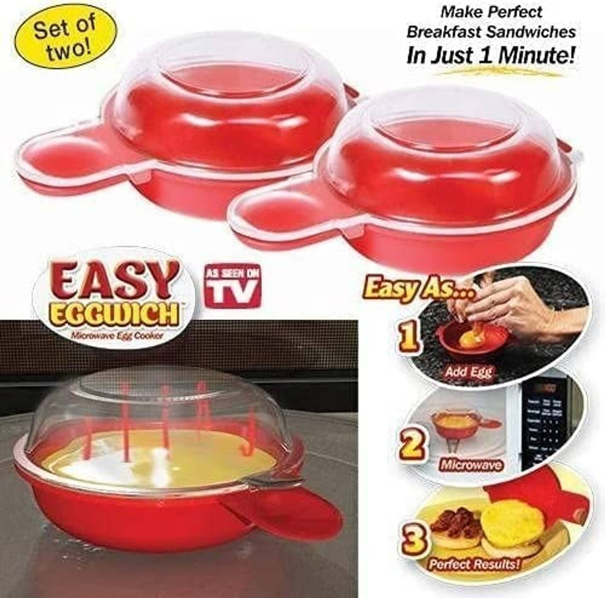 Set of two red microwave egg cookers with clear dome lids and small side spouts