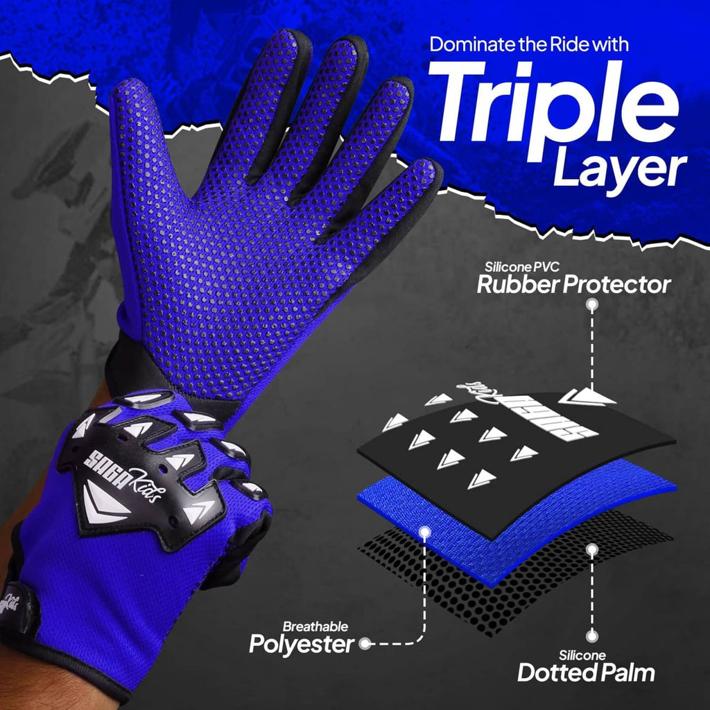 Blue youth motocross gloves with rubber knuckle protector and silicone-dotted palm