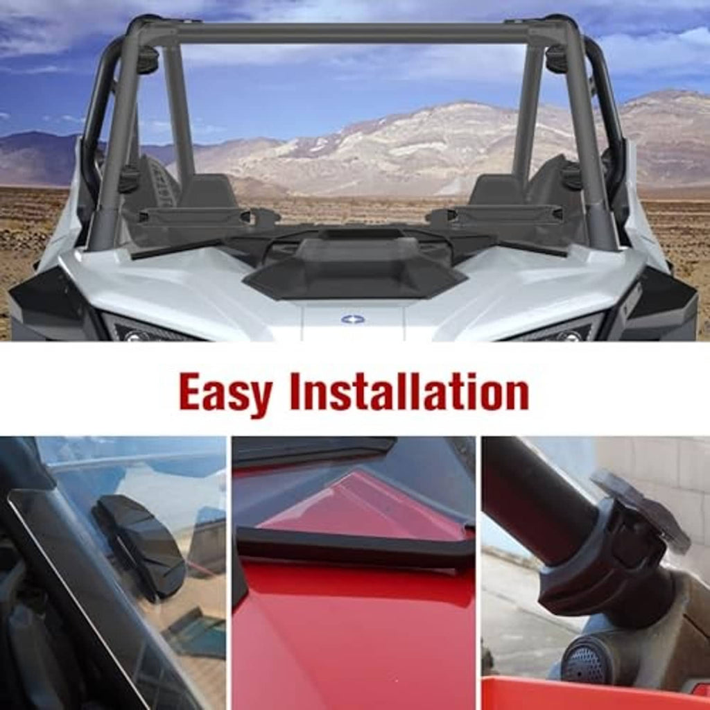 Clear windshield installed on side-by-side with black brackets and center vent