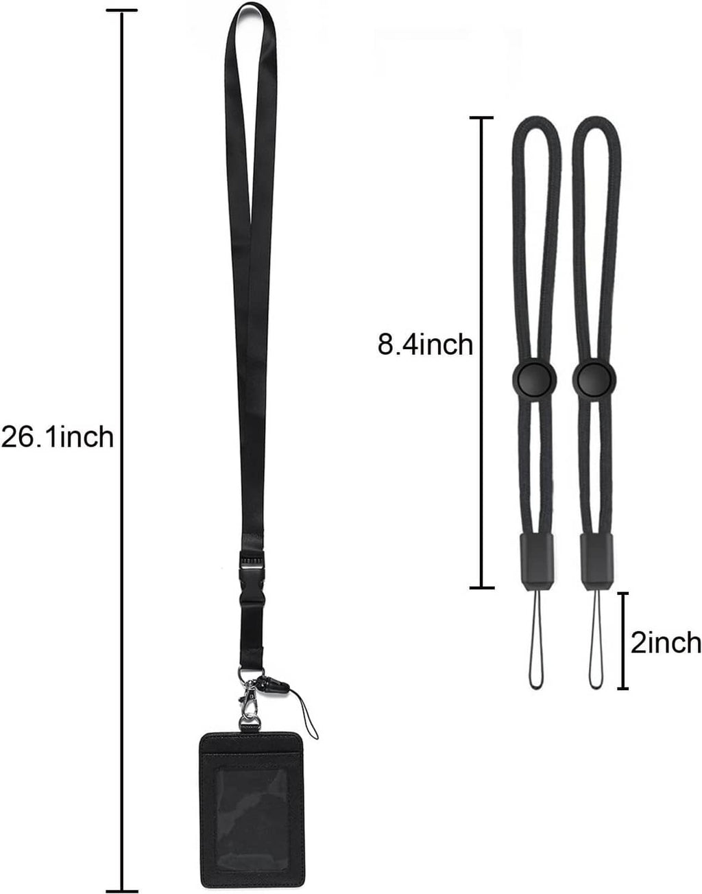 Black detachable lanyard with swivel clip and badge holder, length diagram