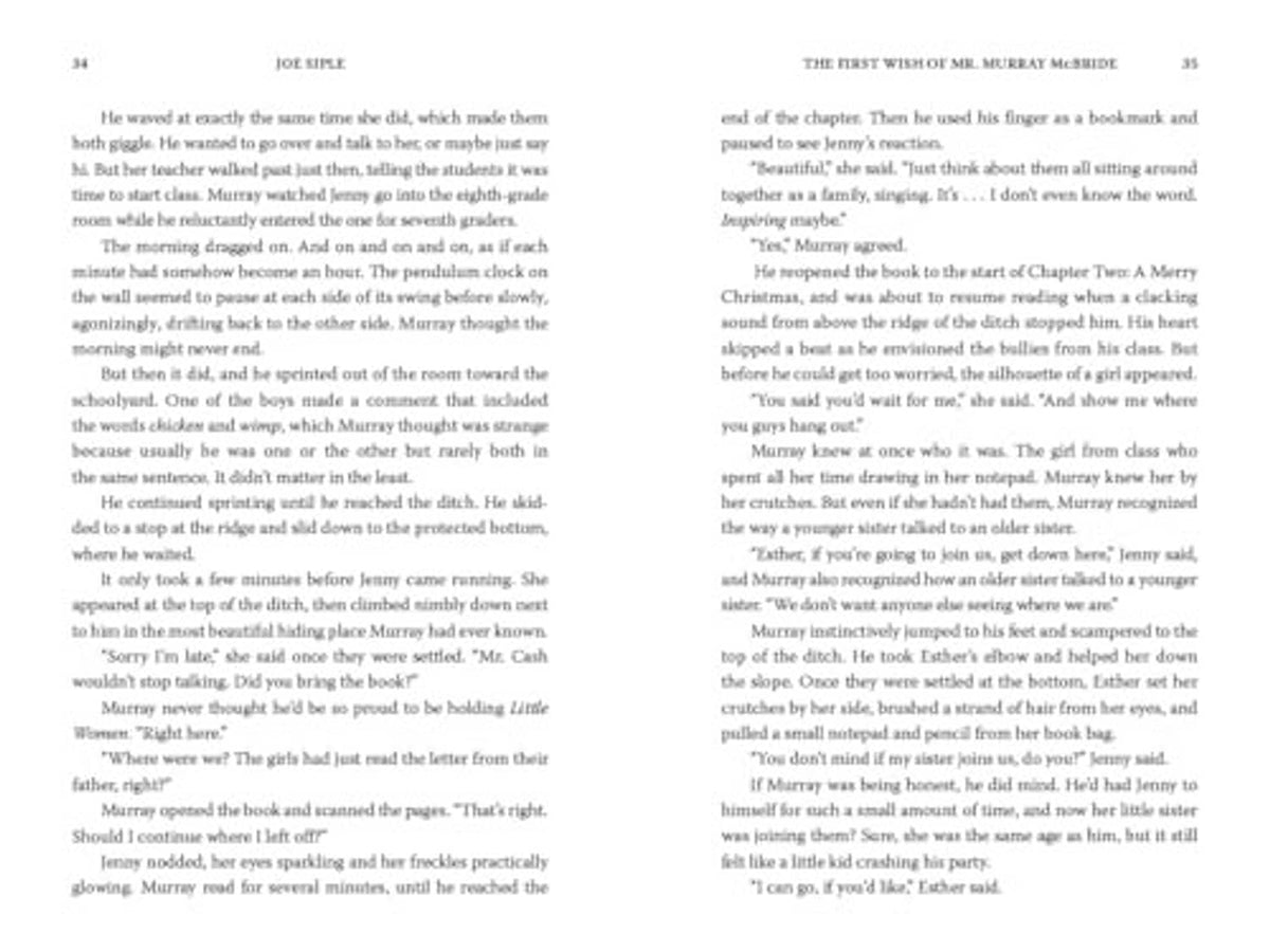 Printed novel pages with two-column text and small paragraph breaks near the center.