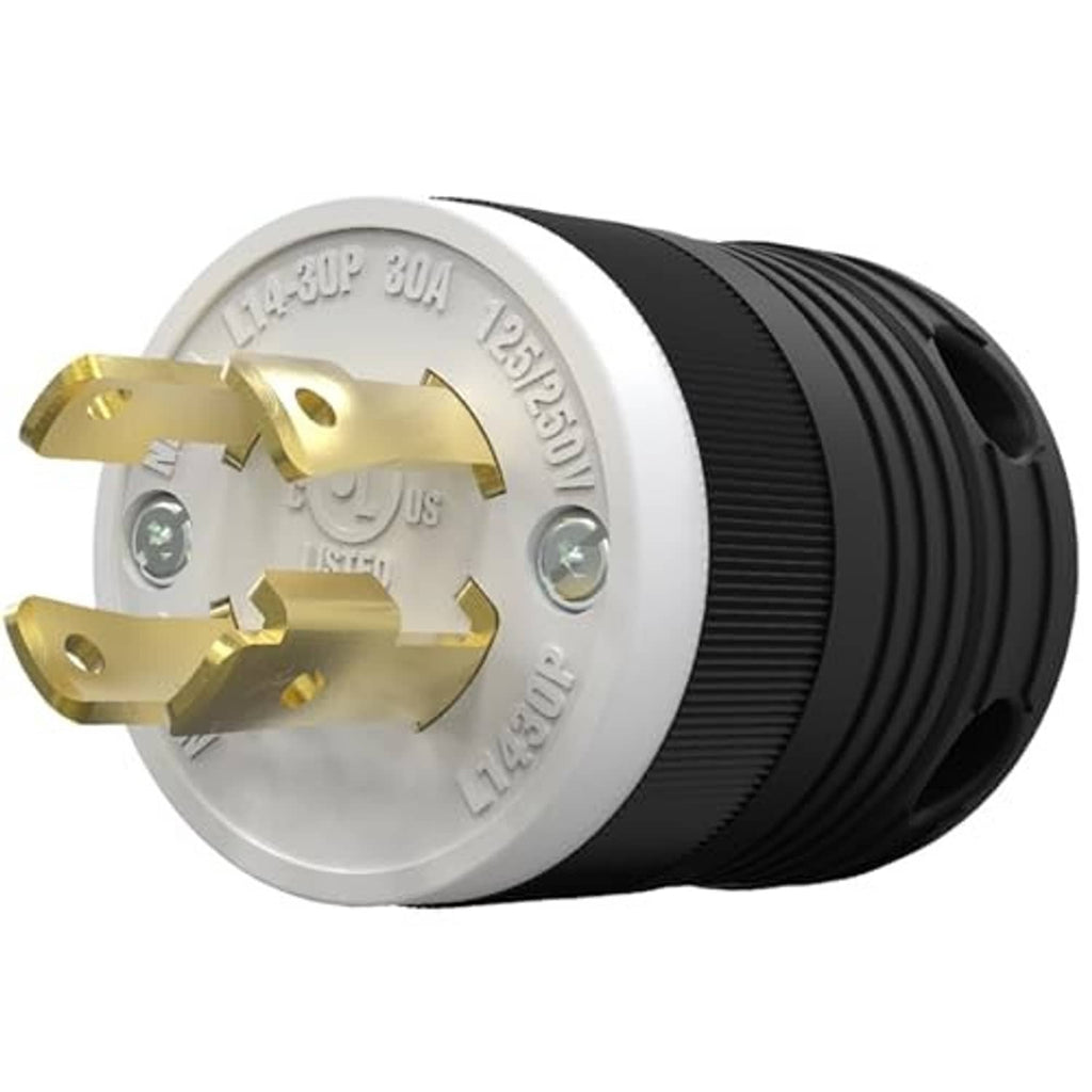 Generator twist-lock plug showing brass pins and silver face on black ribbed twist-lock body