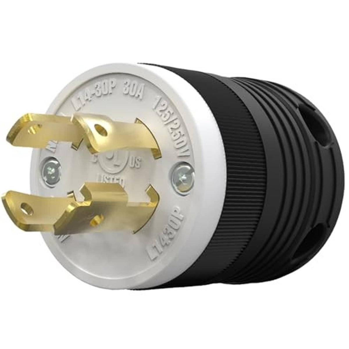 Generator twist-lock plug showing brass pins and silver face on black ribbed twist-lock body