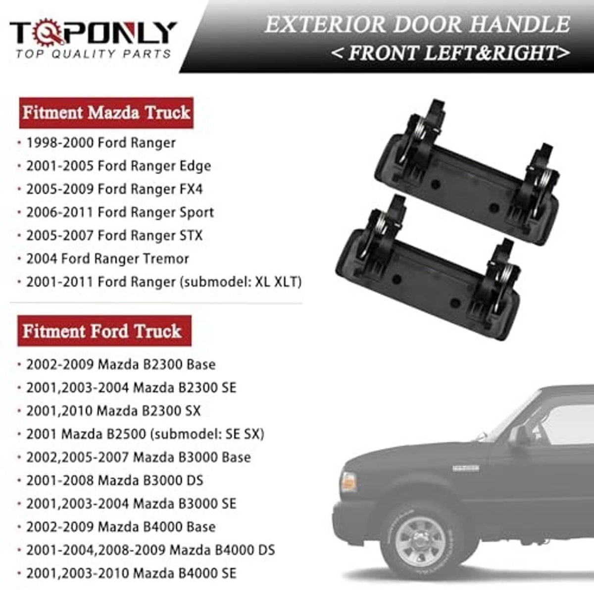 Front left and right exterior door handle pair in black plastic with mounting clips and screws