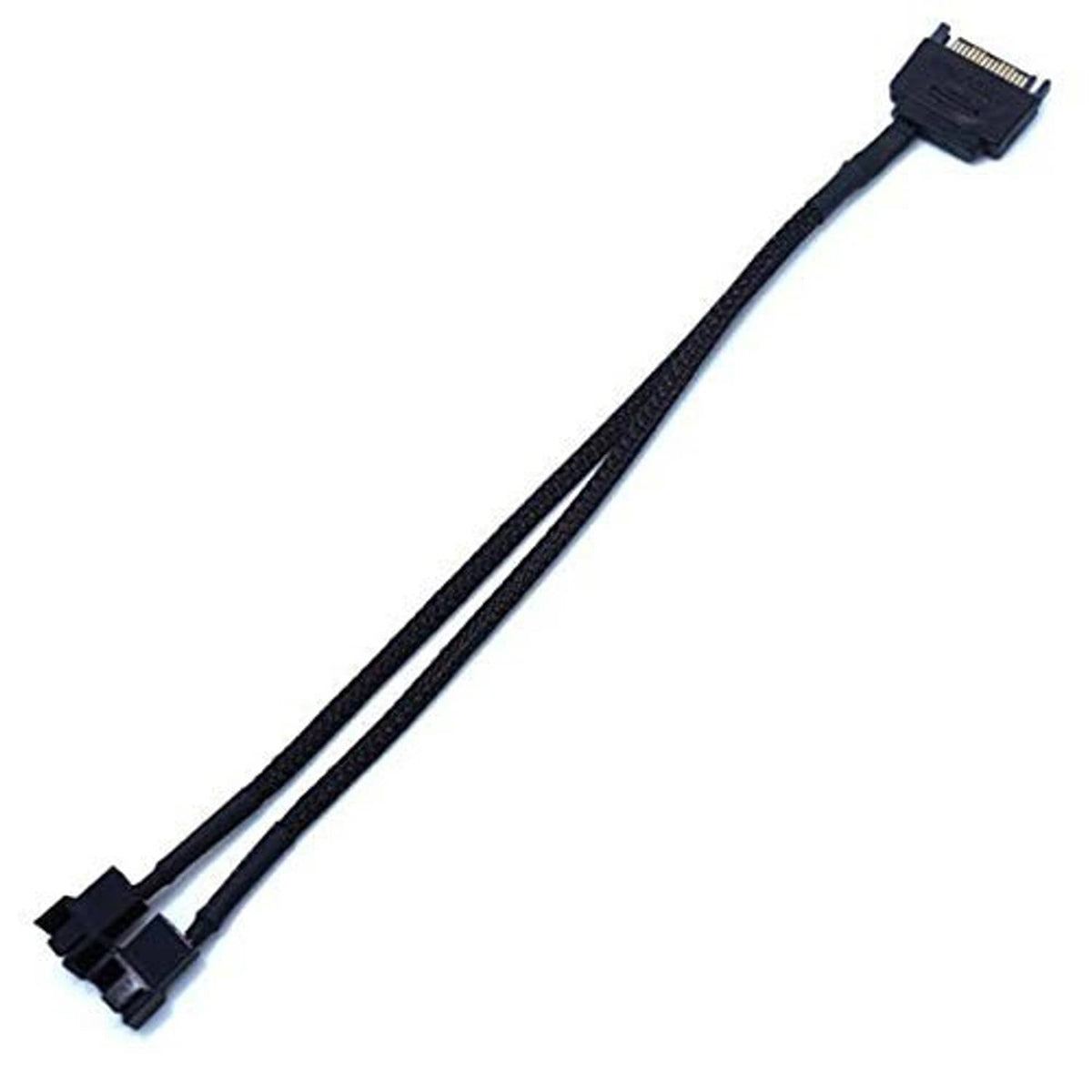 Black braided cable with small 2-pin fan connector and SATA-style plug at the tip
