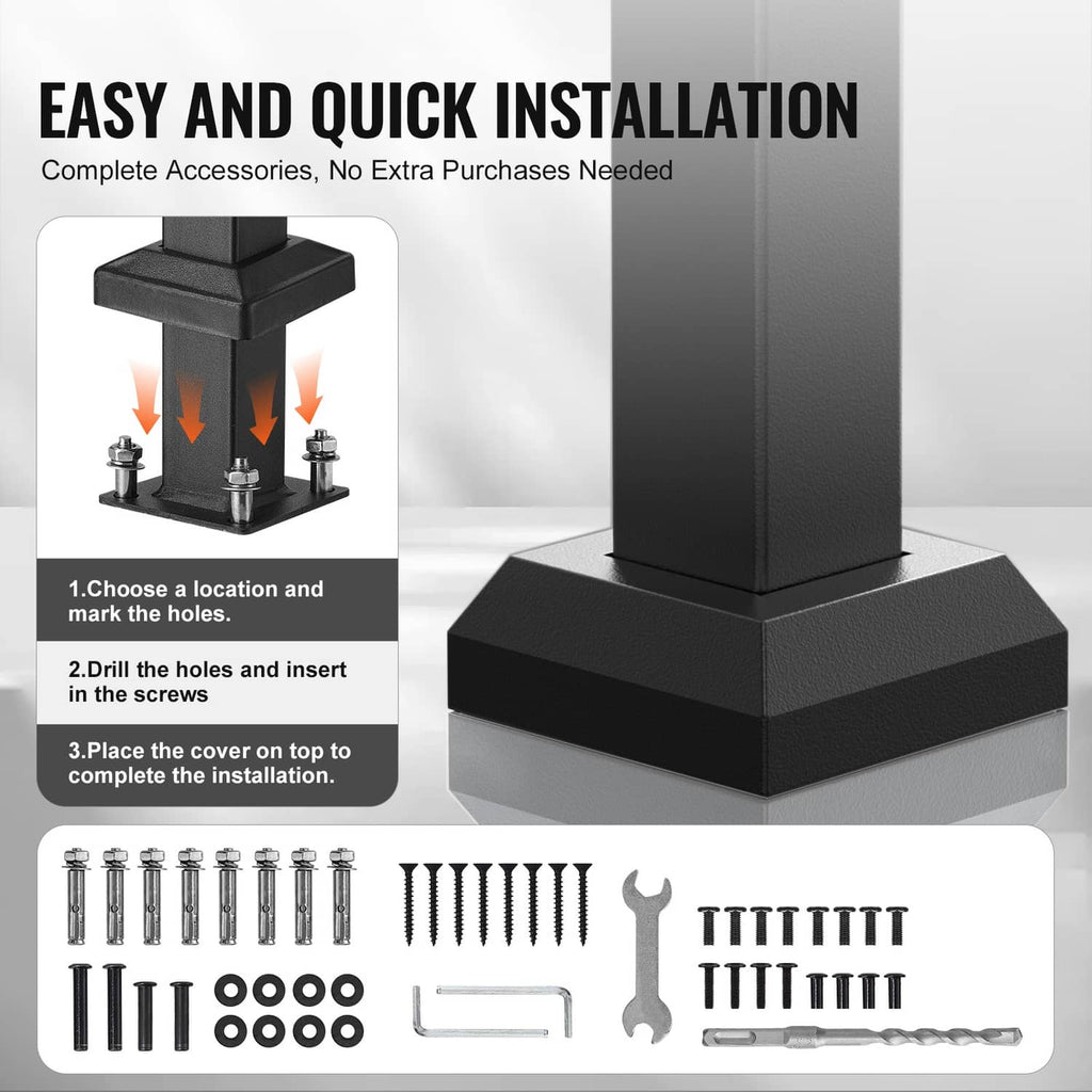 Black step handrail base with mounting cover and installation hardware included.