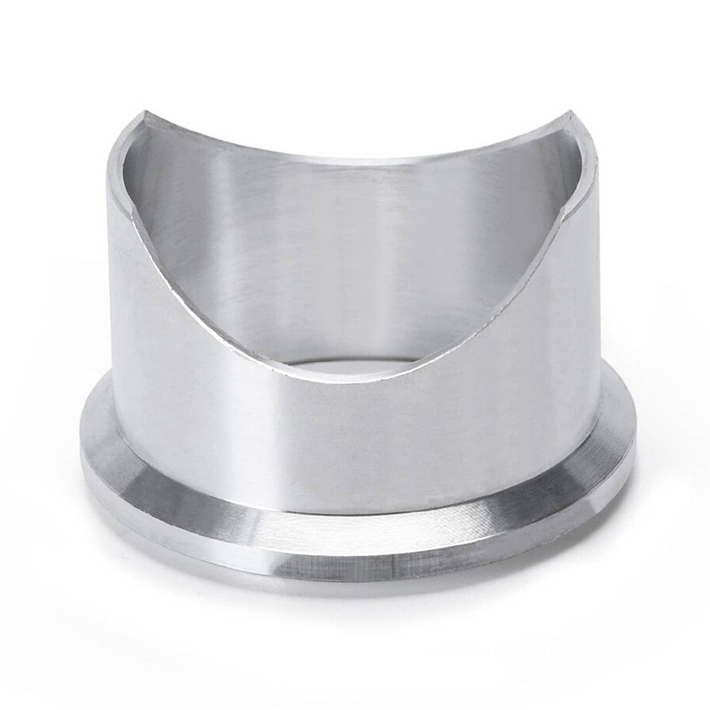 Aluminum v-band weld flange sleeve with concave inner rim and smooth metal finish