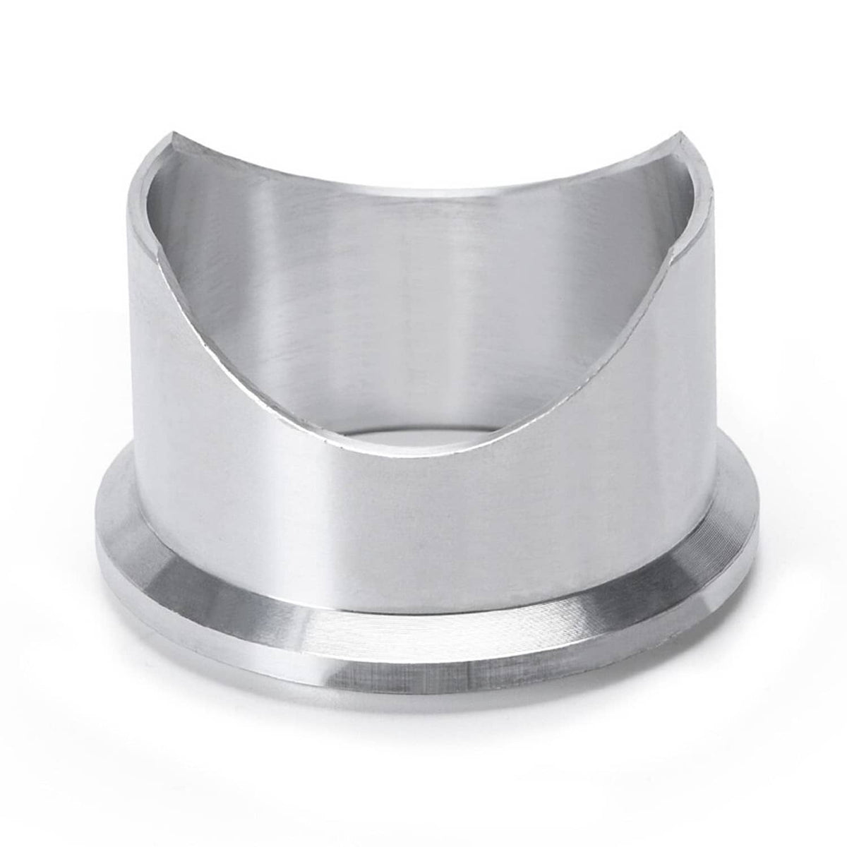 Aluminum v-band weld flange sleeve with concave inner rim and smooth metal finish