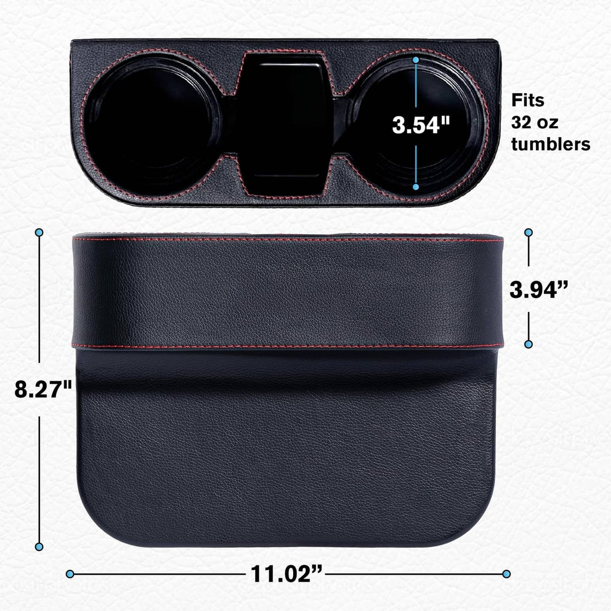 Black double cup holder tray with central slot, PU leather finish and red stitching