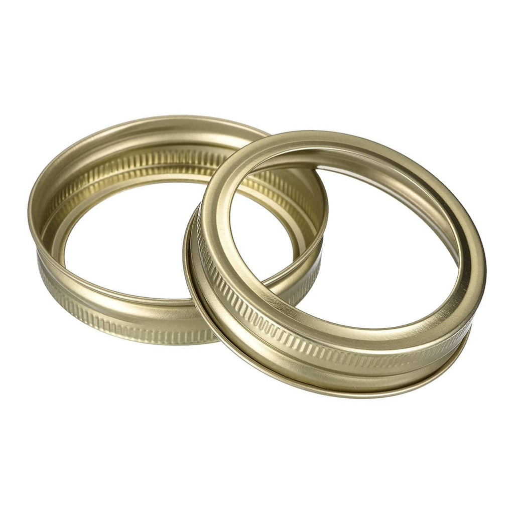 Gold mason jar canning rings, two tinplate split metal bands