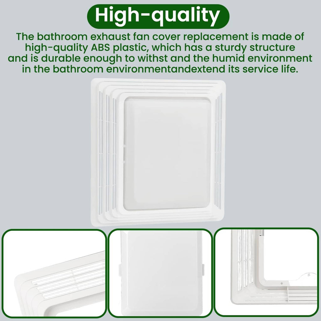 White bathroom exhaust fan cover grille replacement, front and side views