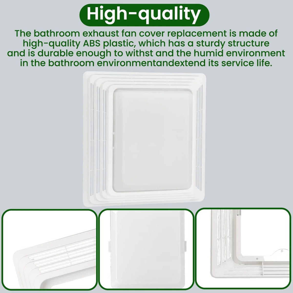 White bathroom exhaust fan cover grille replacement, front and side views