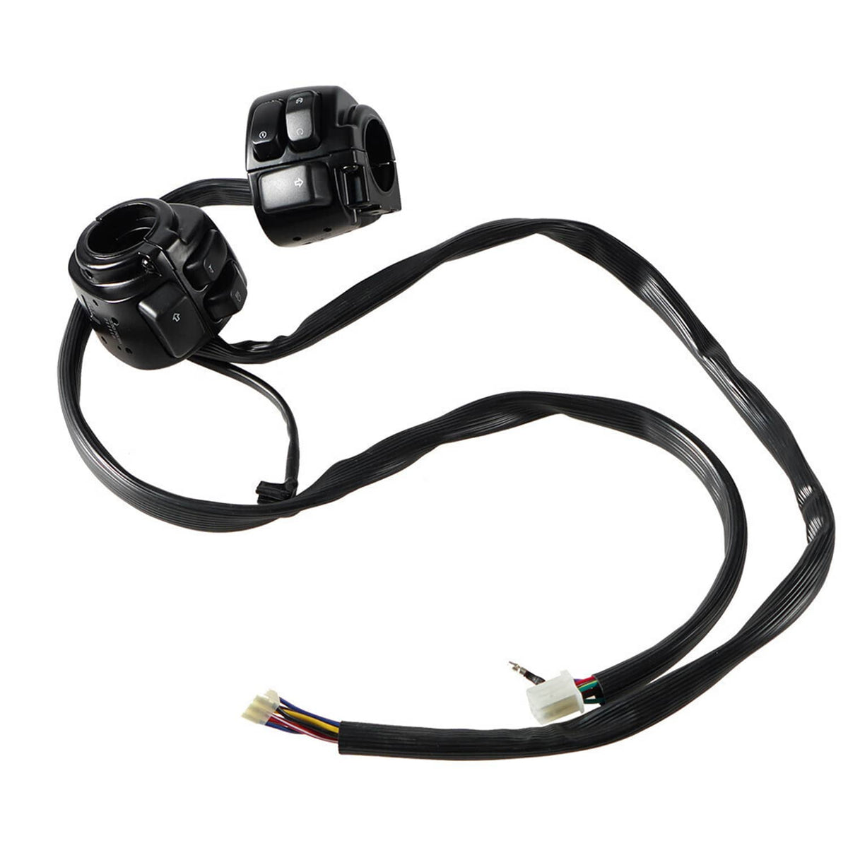 Black handlebar switch control pair with attached wiring harness and cable runs