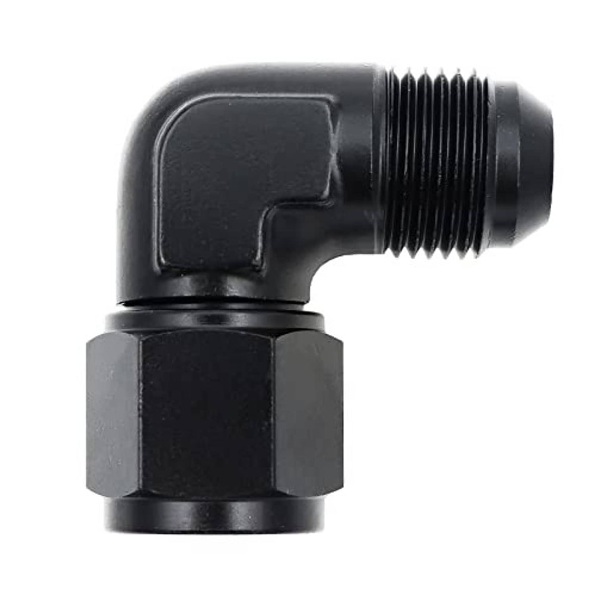 Black 90-degree AN flare swivel fitting, external threaded port and hex coupling