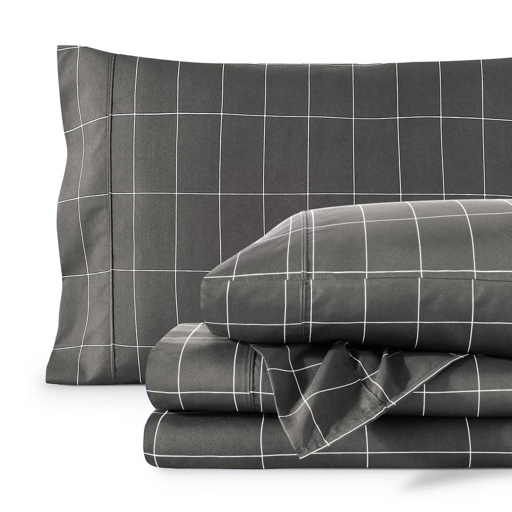 Grey bed sheet set with white grid pattern, flat and fitted sheets with pillowcase