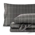Grey bed sheet set with white grid pattern, flat and fitted sheets with pillowcase