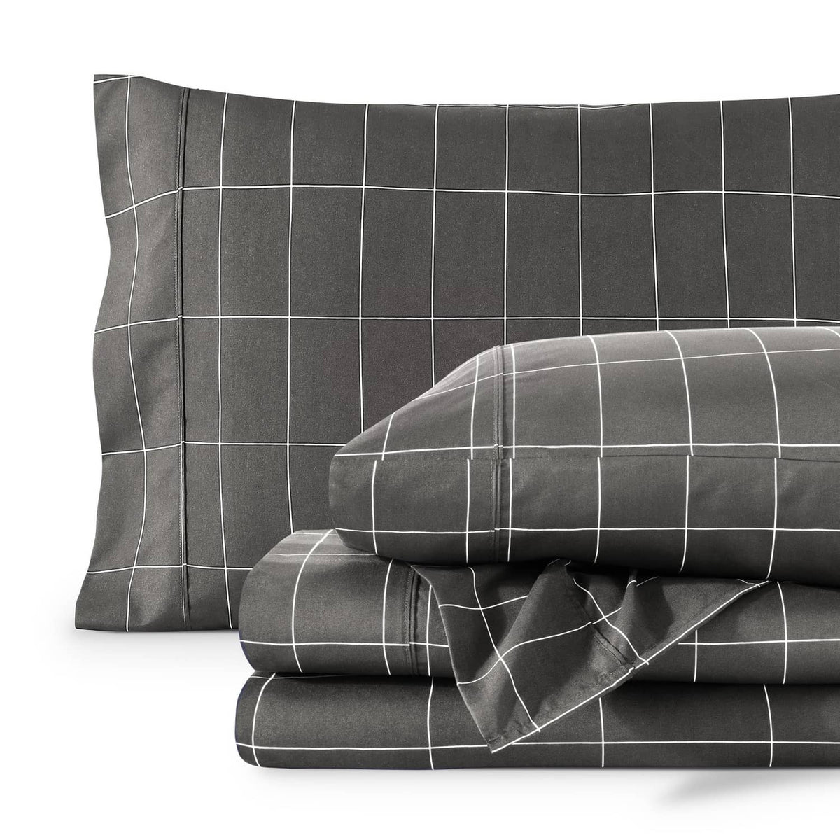 Grey bed sheet set with white grid pattern, flat and fitted sheets with pillowcase