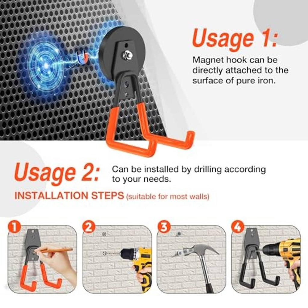 Orange and black magnetic hook shown attached to metal surface with drill-mount steps