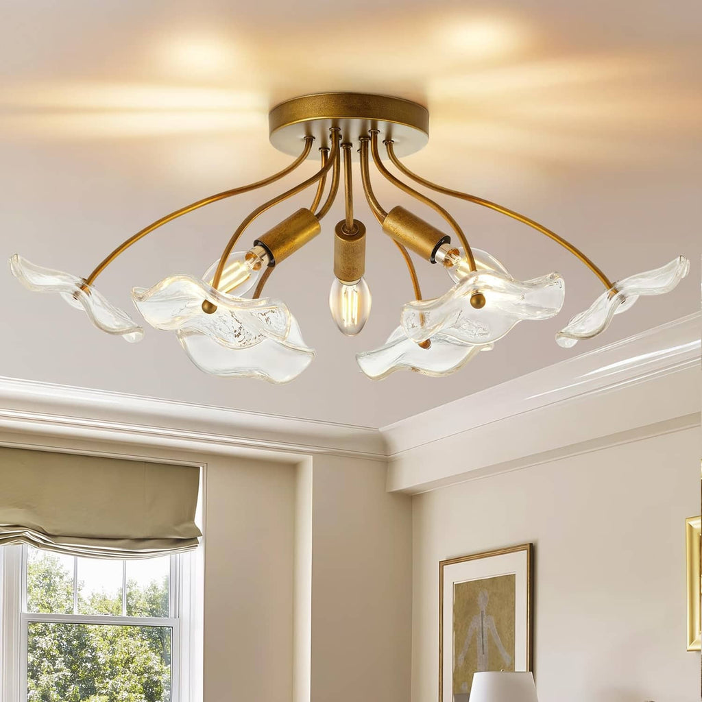 Brass semi flush ceiling light with five clear glass shades