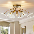 Brass semi flush ceiling light with five clear glass shades