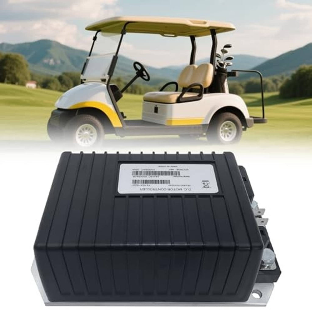 Black DC motor controller box with barcode label and side connector terminals