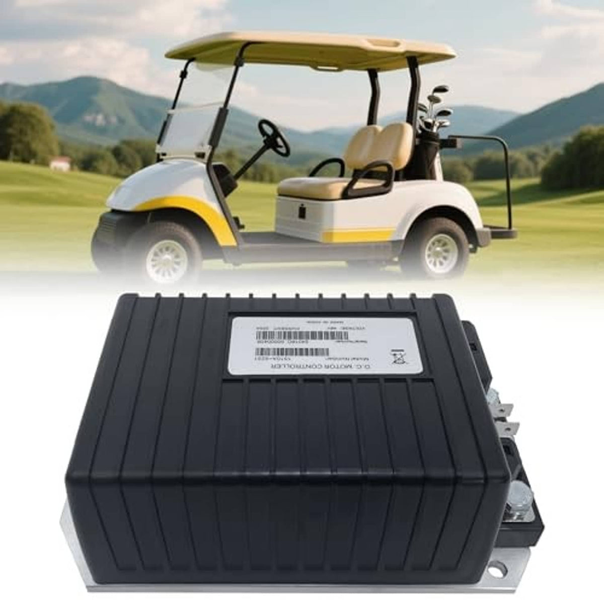 Black DC motor controller box with barcode label and side connector terminals