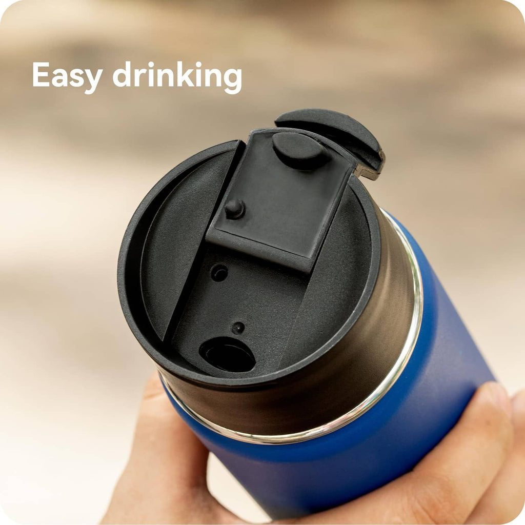 Black flip-top bottle lid opened for drinking, with hinged cap