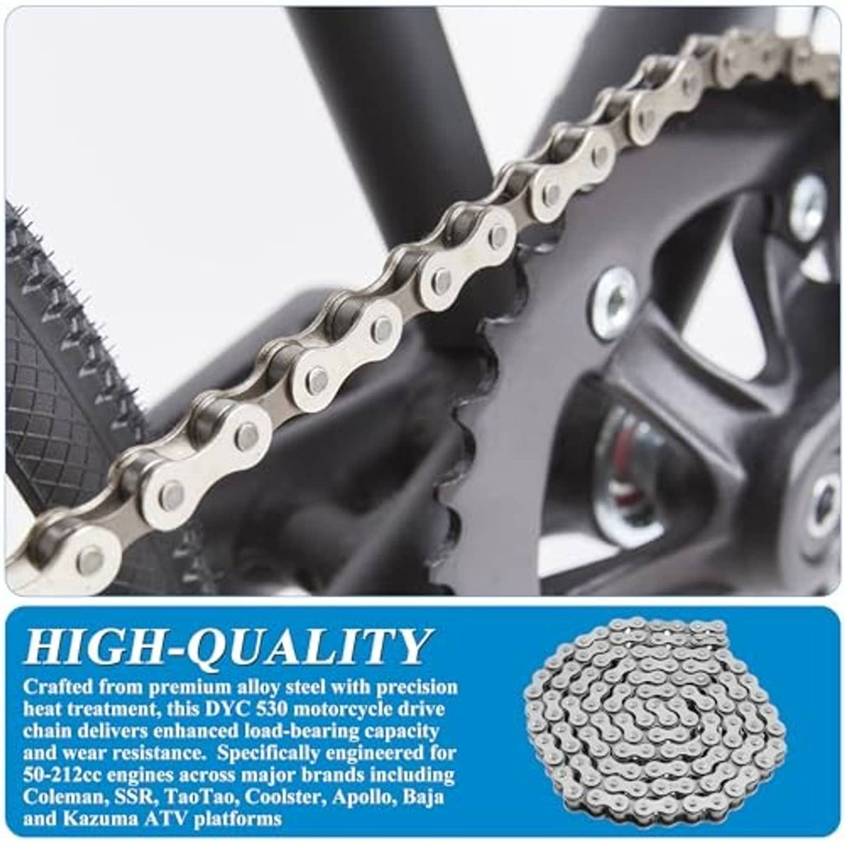 Close-up motorcycle drive chain on a dark sprocket with light gray link plates
