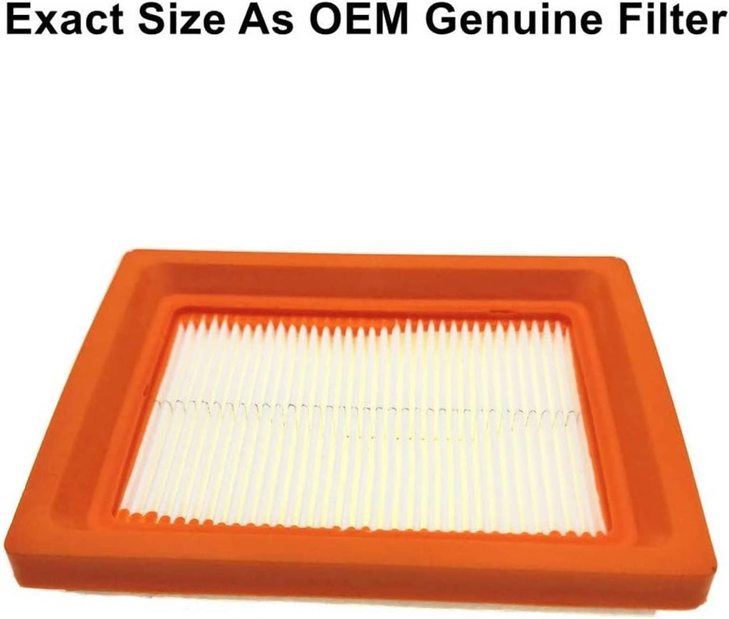 Small air filter with orange frame and white pleated filter media, front view.