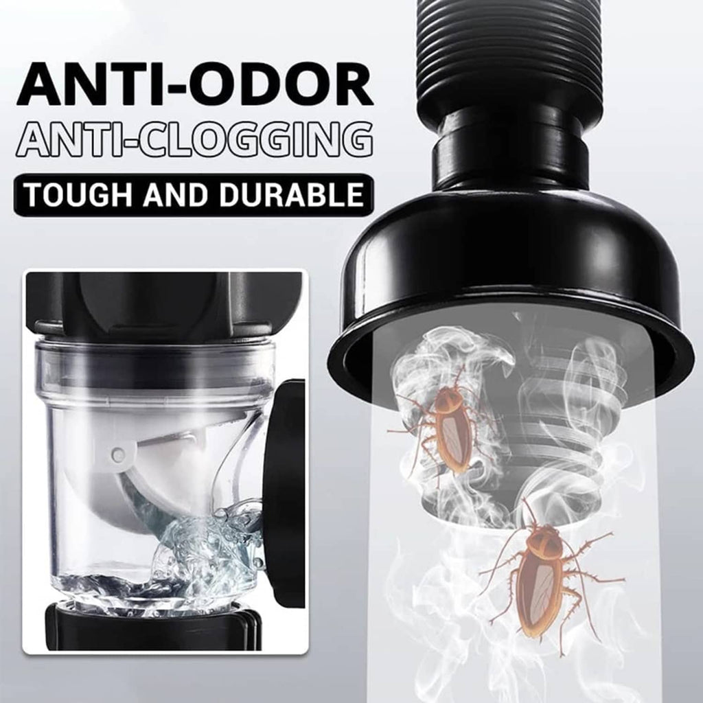 Black bathroom sink drain trap assembly with flexible hose and anti-clog drain chamber