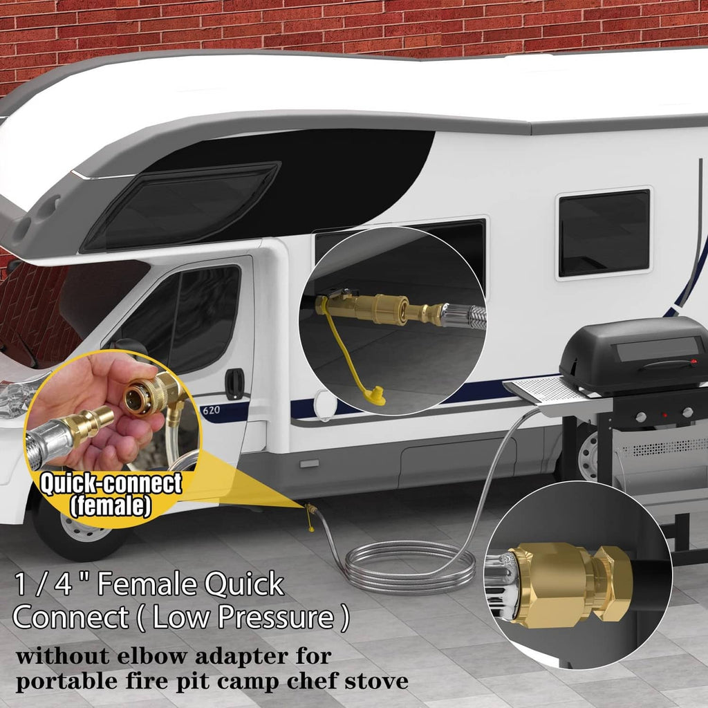 Brass quick-connect (female) propane hose end connected to an RV-style gas port