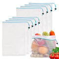 Set of large reusable white mesh produce bags with blue drawstring ties
