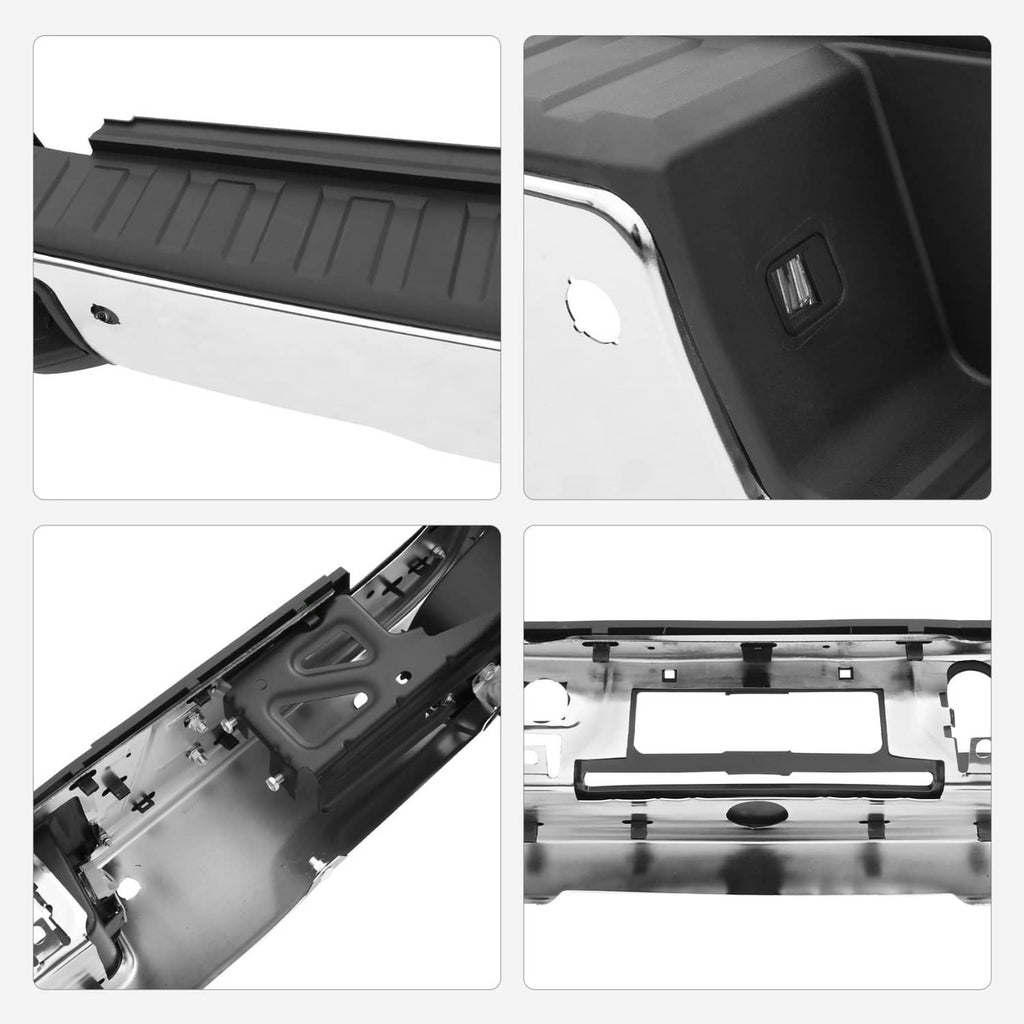 Rear step bumper details: black textured insert and mounting brackets with openings