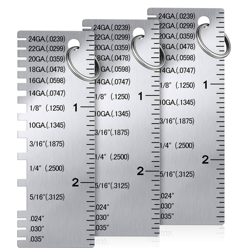 Stainless metal sheet thickness gauge with etched wire gauge scale and metal hook