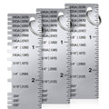 Stainless metal sheet thickness gauge with etched wire gauge scale and metal hook