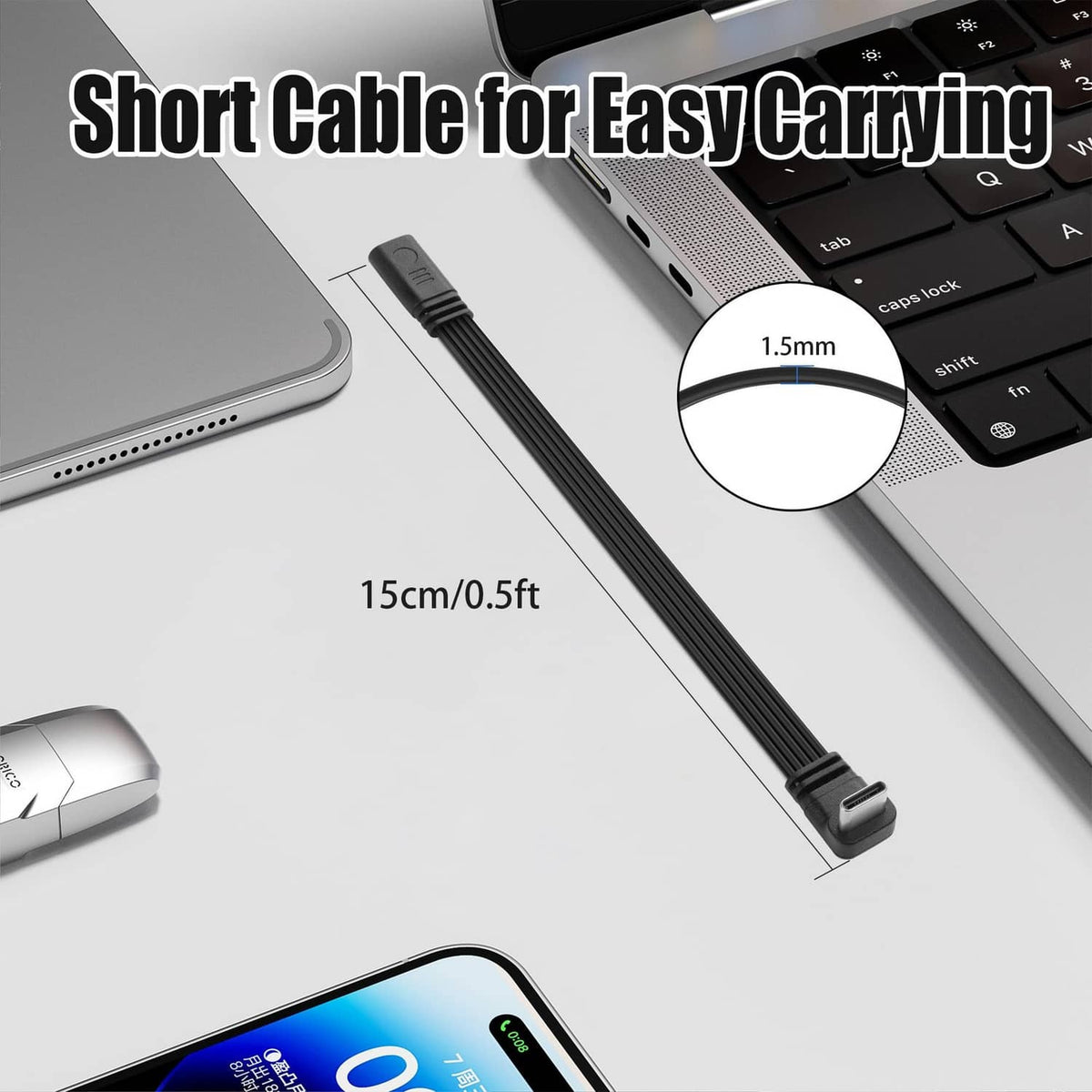 Black flat 15cm USB-C extension cable with Type-C connector ends