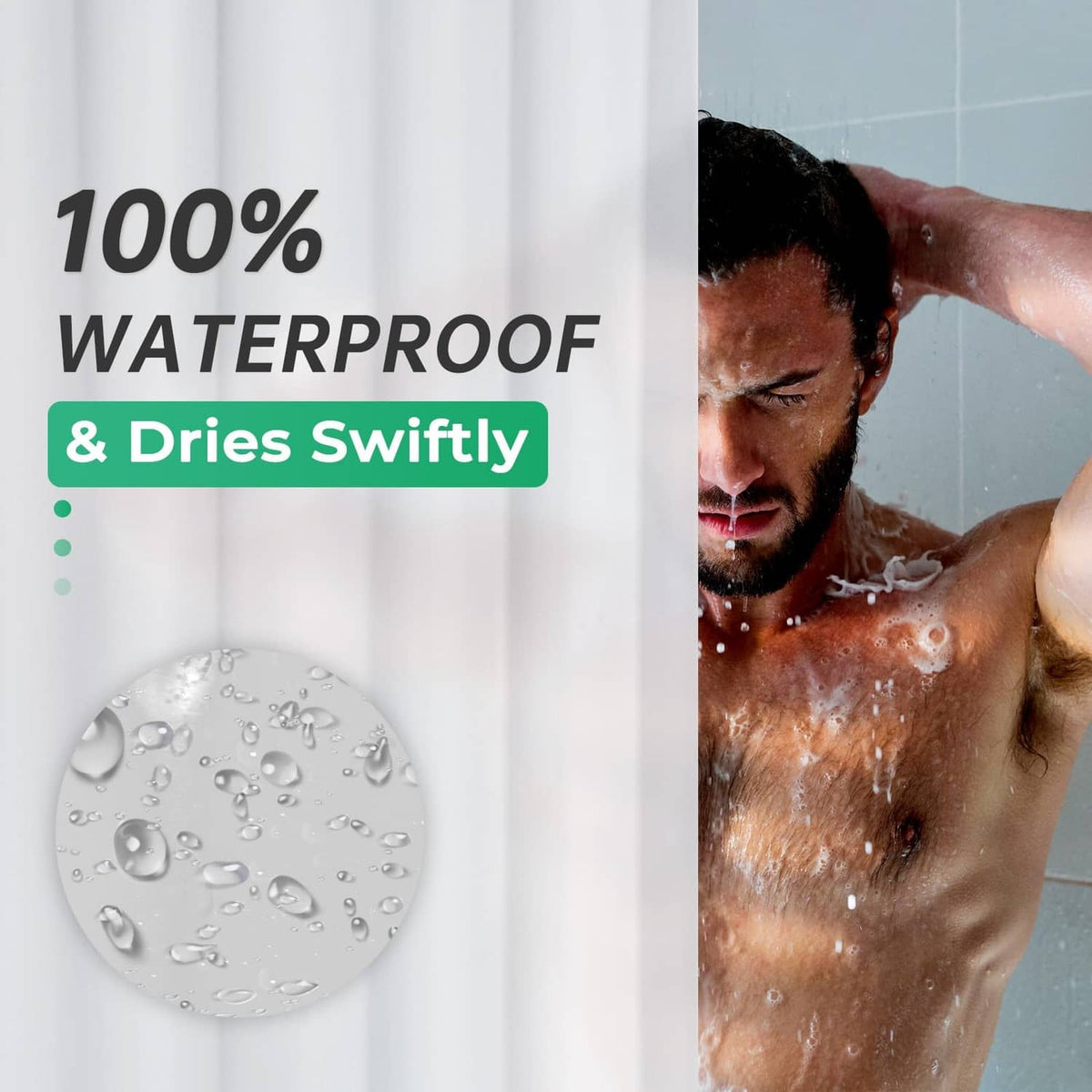 Waterproof frosted white shower curtain liner with visible water droplets