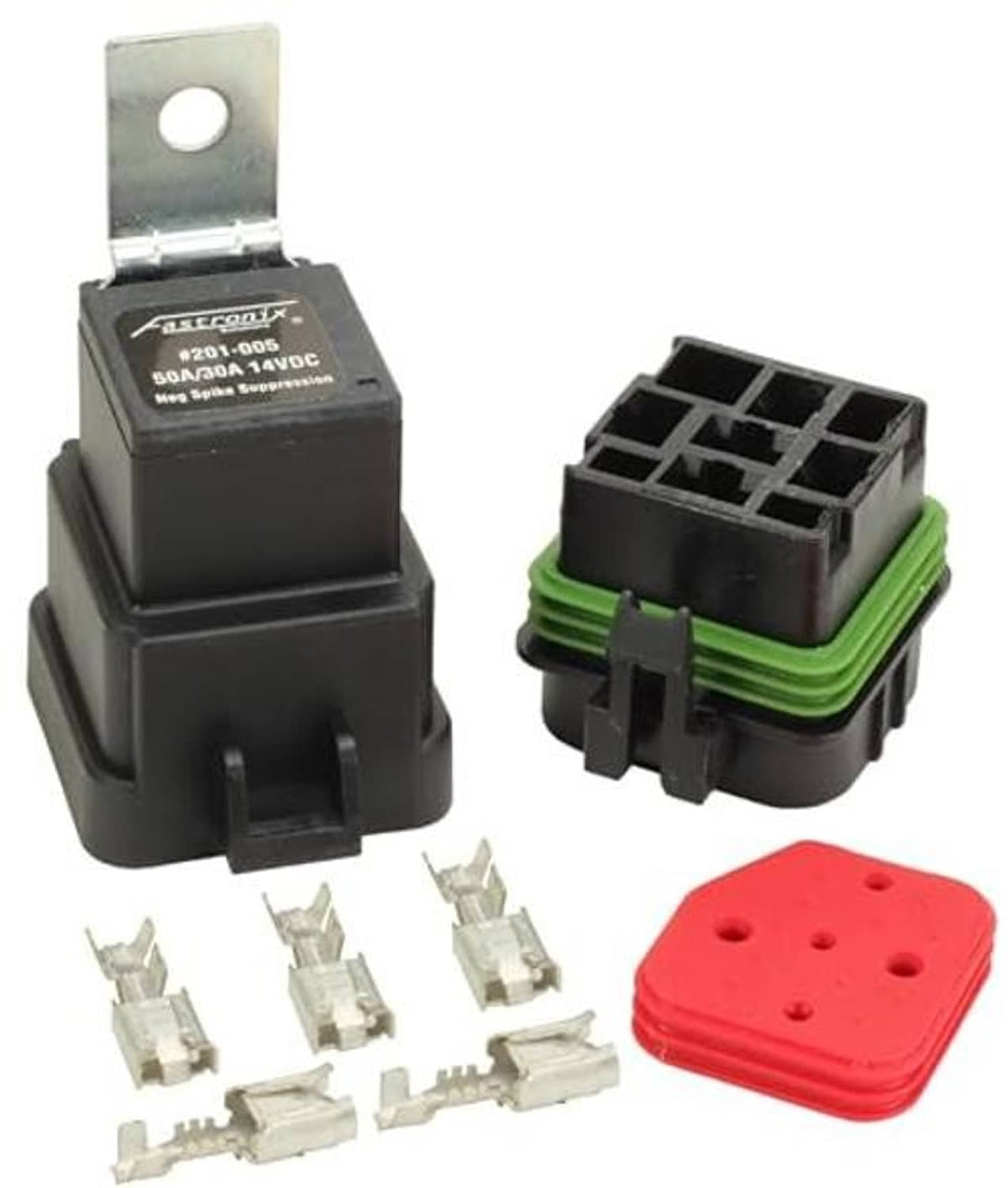 Automotive relay and socket kit with mounting bracket, terminal pieces, red protective cap