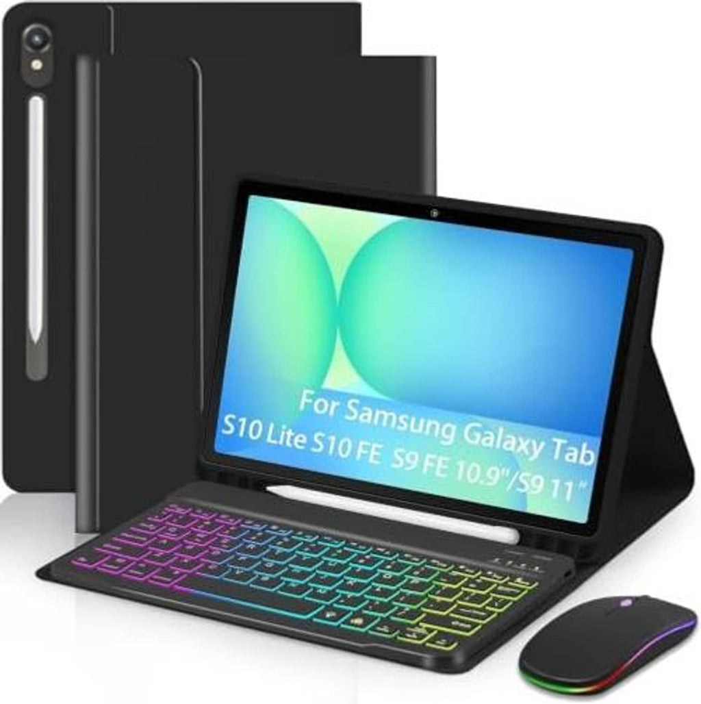 Black folio tablet stand case with detachable keyboard and wireless mouse