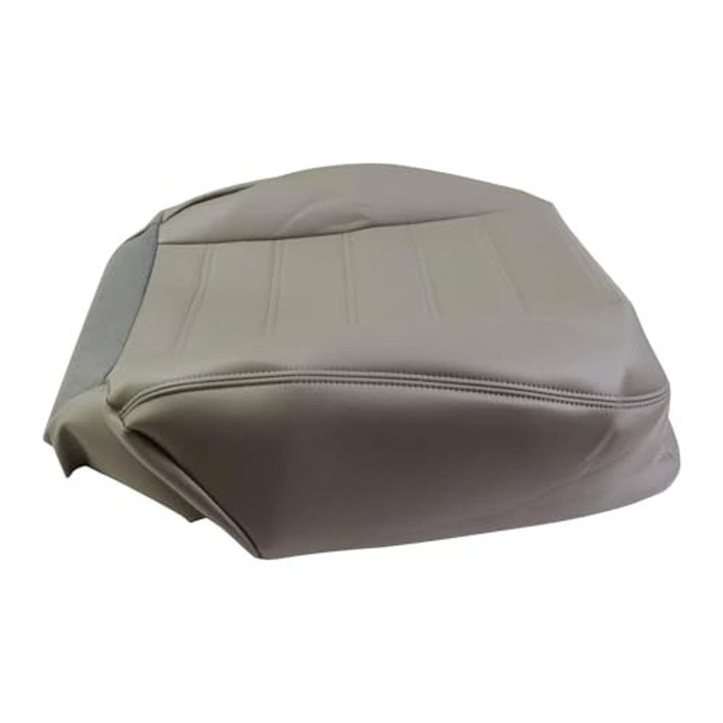 Gray synthetic leather seat cover with smooth curved top and stitched edge detail