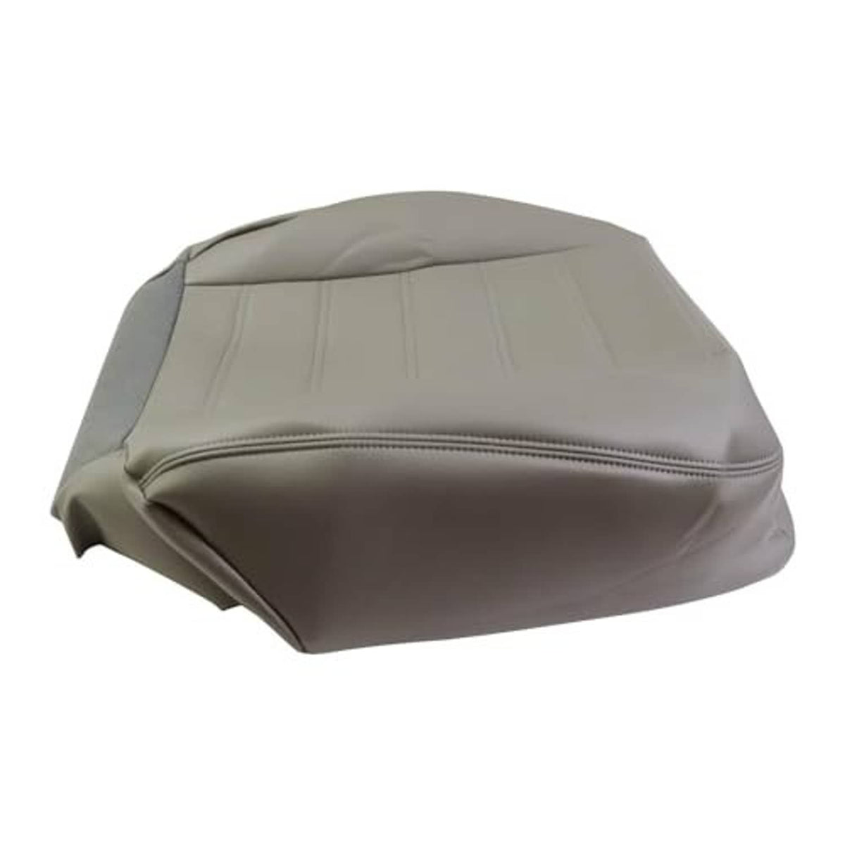 Gray synthetic leather seat cover with smooth curved top and stitched edge detail