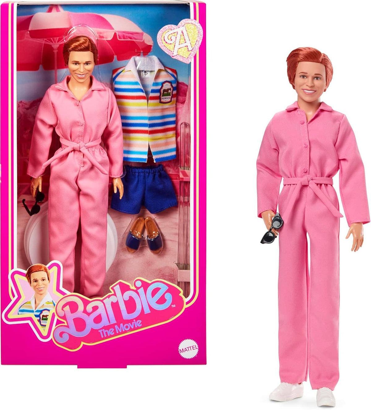 Collectible movie doll in pink one-piece jumpsuit with tied belt and shoes
