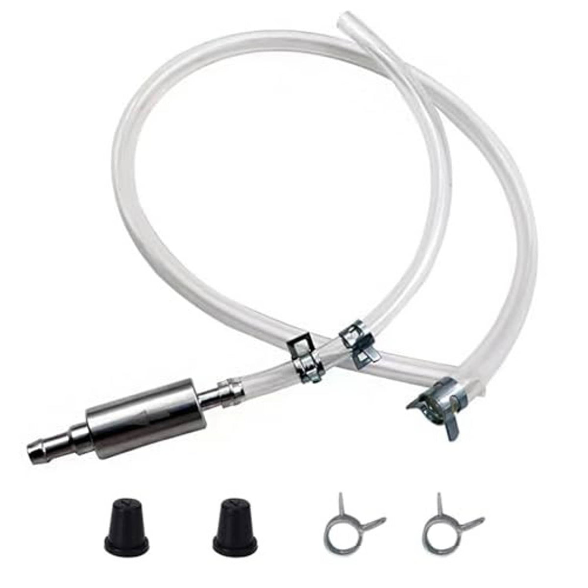 Brake bleeder hose kit with one-way check valve, clear tubing, and included rubber caps