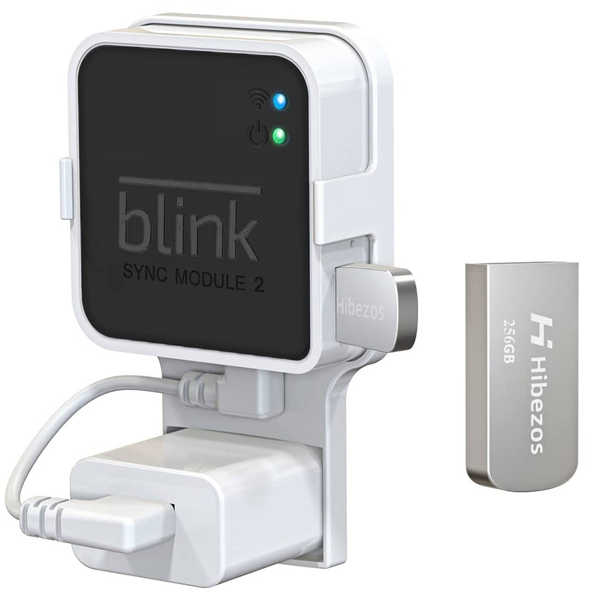 White Blink Sync Module 2 outlet mount with USB thumb drive and connected cable