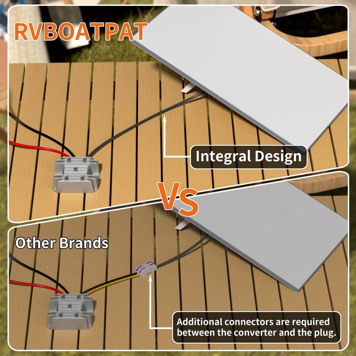 Compact silver step-up DC converter with integrated wiring connections on an outdoor deck